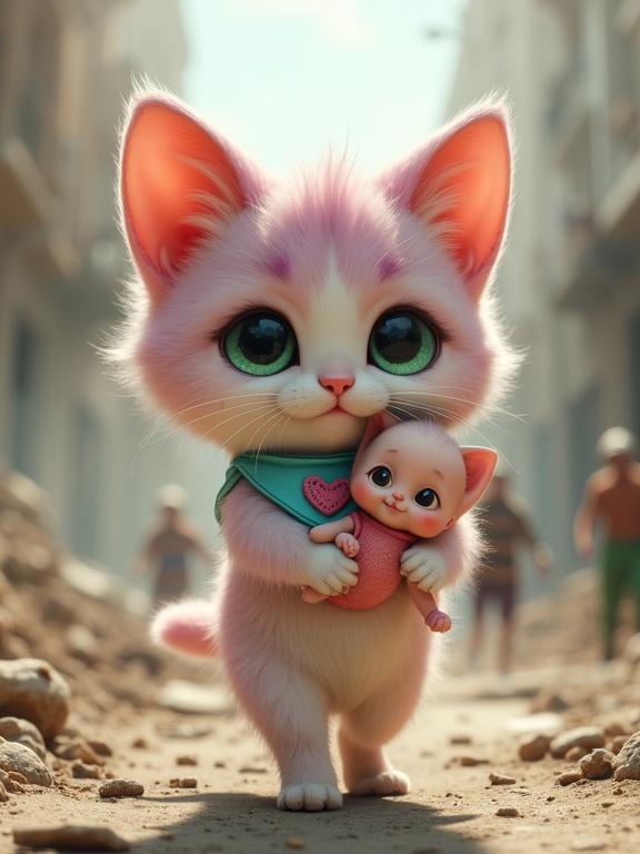 A fluffy kitten with pastel pink and lavender fur walks through city ruins. The kitten carries a baby in its tiny paws. The background shows dust and destruction. Figures are running in fear and structures are collapsing. The scene captures a contrast between innocence and chaos.