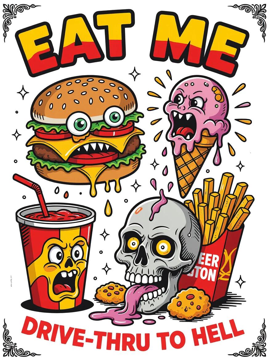 Tattoo flash sheet featuring grotesque fast food parody. Demonic burger with eyeballs and fangs. Melting ice cream cone screaming in agony. Fries bursting from a skull-shaped carton. Soda cup puking sugar. Cartoon style with exaggerated expressions. Includes sarcastic slogans. Bold thick outlines. High contrast colors on white background.