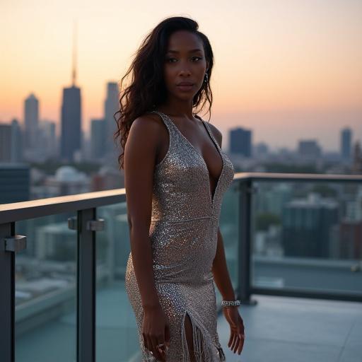 5'10'' African American woman with curves in a sequined evening gown on a rooftop. Modern rooftop with metal and glass railing. Panoramic city skyline at dusk. Soft natural light with shallow depth of field. Evokes confidence and luxury. Warm cinematic color palette inspired by Fujifilm Provia 100F.