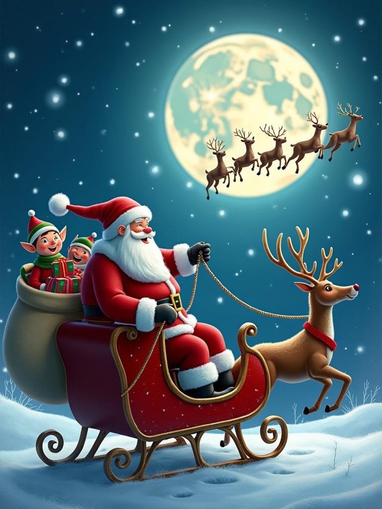 Santa Claus sits in a sleigh. Elves hold a bag filled with presents. Snow falls around them. A red sleigh is pulled by five reindeer flying across a starry sky in front of a full moon. Magical dust trails behind the sleigh.