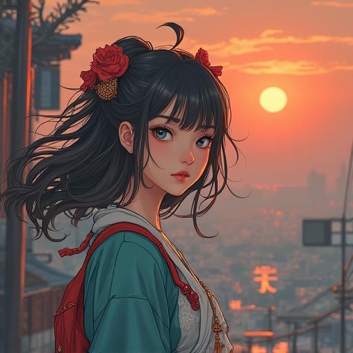 Japanese woman in her thirties wearing a white coat, a dentist, smiling refreshingly, beautiful, upper body portrait, sunset in the background.