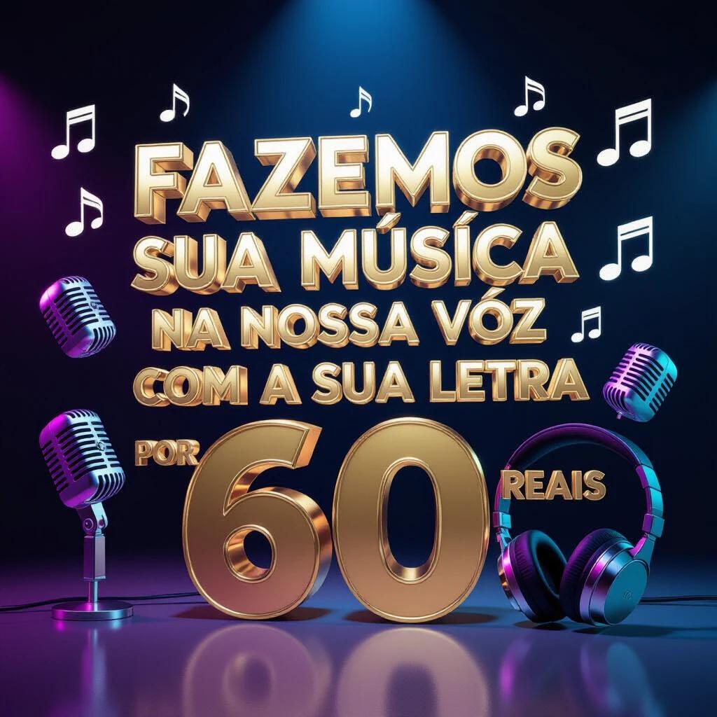 Create a promotional image for music service. Display words in 3D metallic text. Use golden metallic for the text. Incorporate studio background with floating musical icons like microphones and notes. Add headphones for a complete look. Use professional lighting with neon accents.