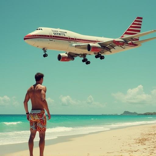A man stands on a beach. He wears exotic shorts. An airplane flies overhead. The airplane has a marquee that reads 'I know your secrets'.