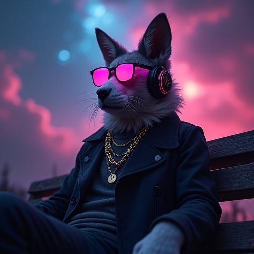 Raw photo depicting a dapper animal person on a park bench. Animal has futuristic sunglasses and headphones. Character wears a gold chain. The background features an RGB nebula sky. Scene is dark and moody, suitable for a captivating music album cover.