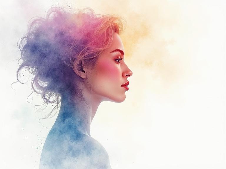 A side profile of a woman rendered in watercolor. Elegant features with soft pastel colors. Surrounded by splashes of color and white space. Evokes harmony and balance.