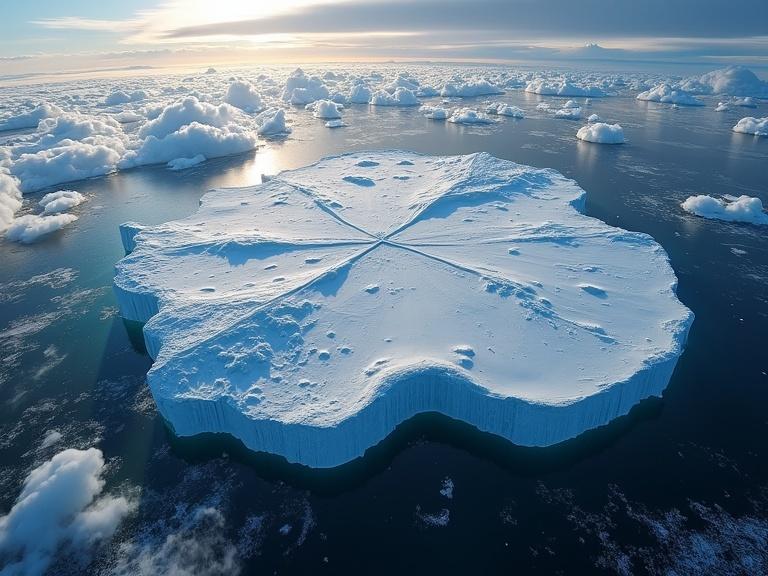 High-altitude satellite view of Antarctica covered in snow. Features heavy clouds in the sky and an expansive icy landscape. Captured from a top-down angle with dramatic lighting.