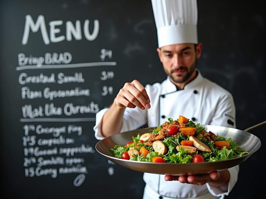 A chef in a white coat is preparing a healthy salad and standing next to a chalkboard menu. The menu is written in white chalk, and it states 'MENU' prominently at the top. The chef is holding a large, shiny plate filled with a colorful salad, which includes greens, diced vegetables, and grilled chicken. The background is a smooth black chalkboard that gives a rustic restaurant feel. The chef's hand is delicately sprinkling some seasoning over the salad, showcasing attention to detail in food presentation.