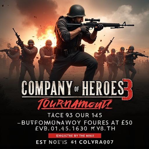 An advertising poster for a tournament for Company of Heroes 3 calls for registration. Features a central soldier and several soldiers in the background.