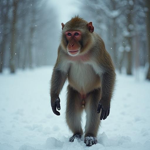 Artistic image featuring a monkey walking in snow winter landscape. Monkey wears trendy winter street style from 2025. Embodies fashion model persona. Low-angle perspective highlights the monkey. Ambient light focuses on subjects features. Monkey has enhanced plump lips and earrings. Tattoos feature Persian poetry. Muscular physique with broad chest and large arms. Vintage aesthetic creates striking visual.