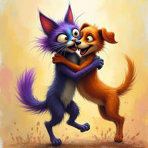 A whimsical painterly scene of a crazy-looking cat and an eccentric dog embracing in a joyful hug. The cat has wild multicolored fur with exaggerated tufts and oversized expressive eyes. The coloring includes purples and electric blues. The dog has warm tones of orange ochre and sienna, mismatched eyes and a lopsided grin. Both are mid-leap with paws wrapped around each other. Heavily textured brushstrokes create an abstract swirl of pastel yellows and pinks in the background. The style is a blend of post-impressionist and surrealist with children's book whimsy.