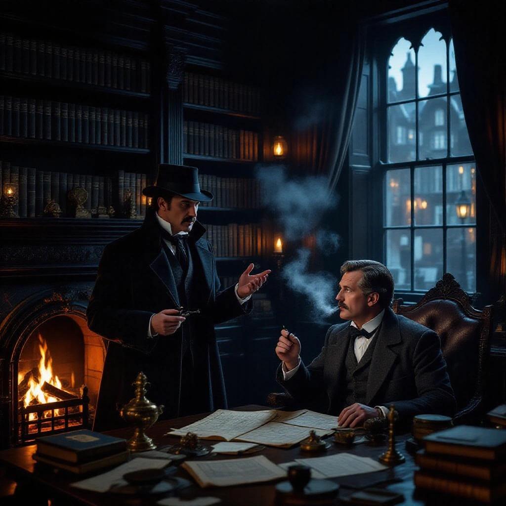Hyper-realistic image of a Victorian study. The room contains dark wooden furniture and leather-bound books. An ornate fireplace casts flickering shadows. Sherlock Holmes stands near a table filled with clues, gesturing to Dr. John Watson, who listens with a skeptical look. The atmosphere is thick with pipe smoke and London fog can be seen outside. The moment is tense yet intellectual as Holmes explains his deduction.