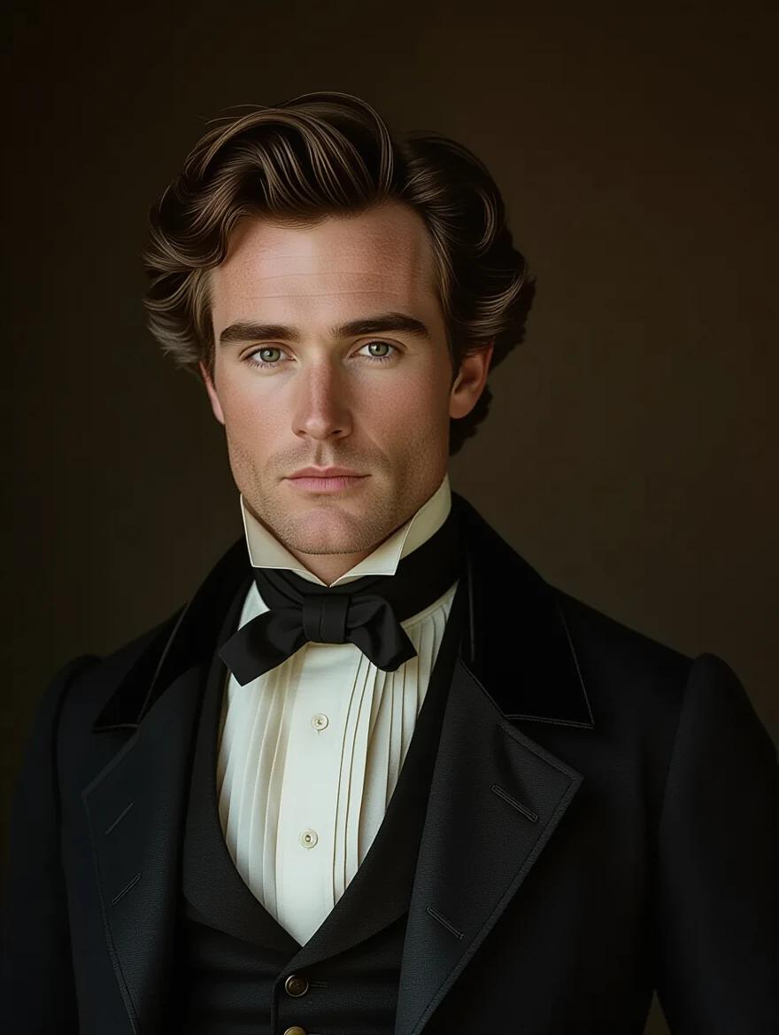 A portrait of a 19th-century figure dressed in period attire. The background is dark and painterly. Features soft, dramatic lighting and cinematic colors. The figure gazes calmly at the camera. Aspect ratio is 9:16 with ultra-realistic style and vintage film grading.
