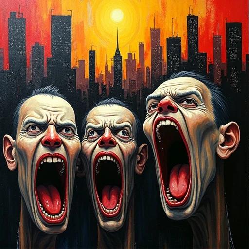 An Expressionist-style city scene depicts three characters with distorted faces. Characters have mouths open in screams. Urban skyline of tilted and deformed buildings fills the background. Colors include black, red, and yellow with strong contrasts. Twisted lines and bold brushstrokes create an anxious atmosphere.