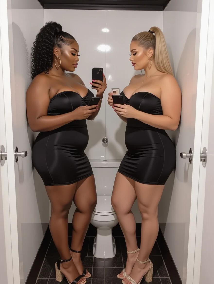 Image of two curvy women in black strapless dresses. They stand face to face in a narrow nightclub restroom. One woman has curly hair and dark skin the other has straight blonde hair and light skin. Both are holding iPhones and wearing high-heeled espadrilles.