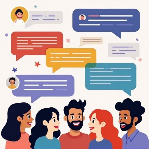 A vibrant Discord server chat with messages instantly appearing in multiple languages. Colorful speech bubbles surround cheerful diverse avatars communicating together.