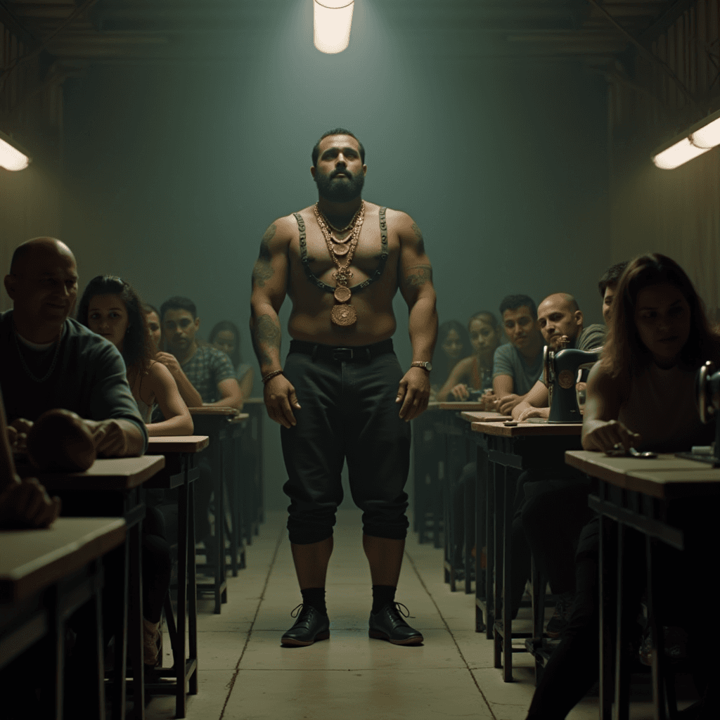 A muscular, bearded man stands confidently among seated people in a dimly lit room.