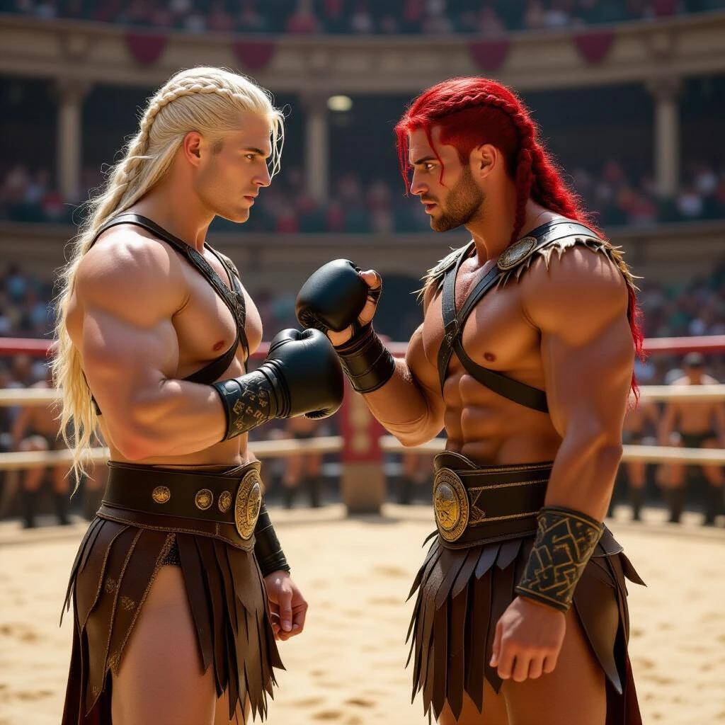 Clothing styled like Conan the Barbarian. One fighter has pale alabaster skin with white blonde hair. The other fighter has red hair with alabaster skin. Both are wearing animal hide thongs. Engaged in a Roman boxing match inside a gladiator arena.