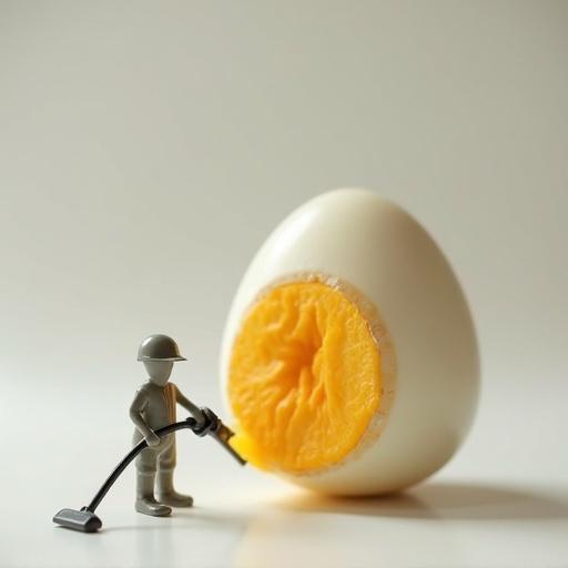 High definition image of a peeled boiled egg with a piece of shell attached. A small janitor with a vacuum cleaner is on the egg, attempting to vacuum the shell.