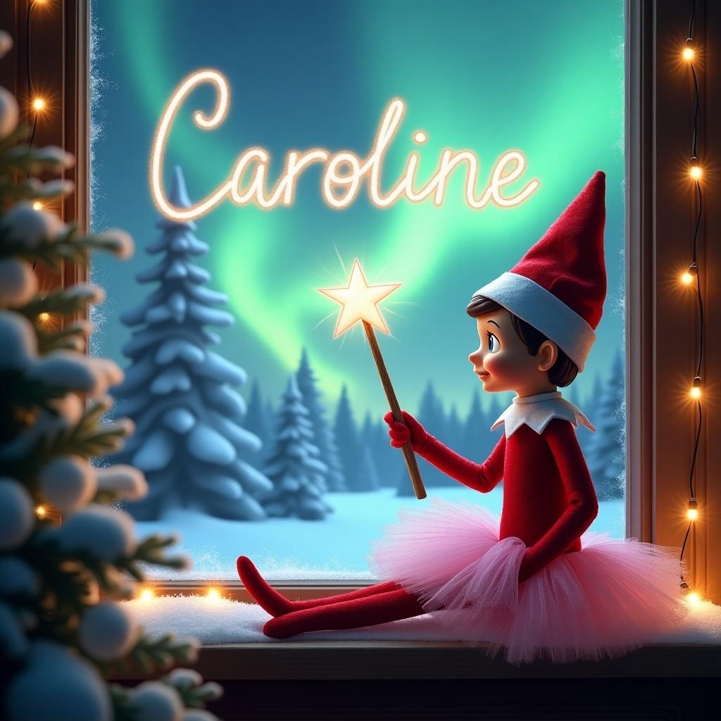 Cheerful girl elf sitting by a window during winter. Gaze at northern lights in the sky. Holding a wand spelling Caroline. Excited expression. Window ledge adorned with snow and holiday decorations. Outside snow-covered trees create magical atmosphere. Captures anticipation of Christmas and enchantment of winter. Elf wearing pink tutu.