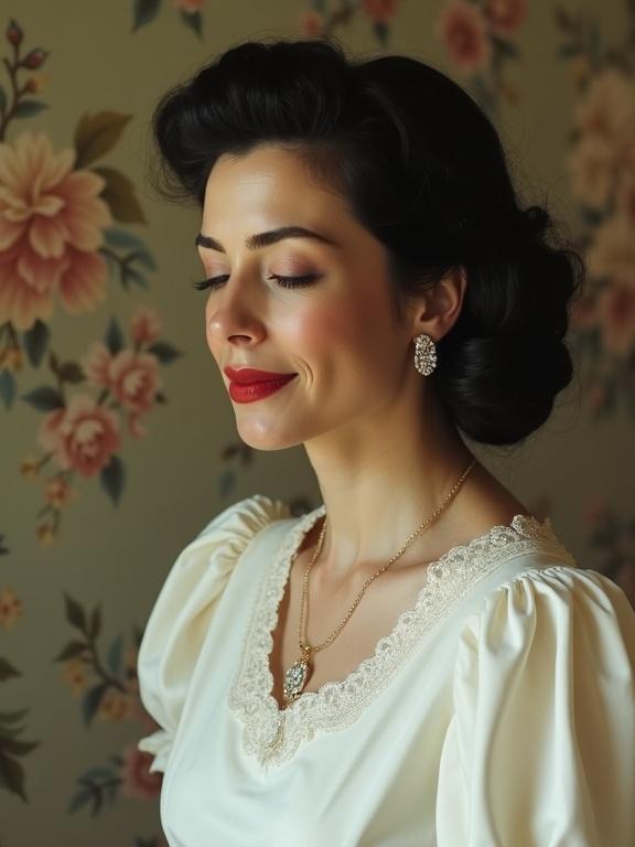 A woman with a vintage aesthetic. Profile view with a soft expression. Eyes are closed and she has a slight smile. She wears a white dress with puff sleeves. Long, dark hair styled in a classic 1950s hairstyle. Jewelry includes diamond hairrings. The background features floral wallpaper for a nostalgic feel.