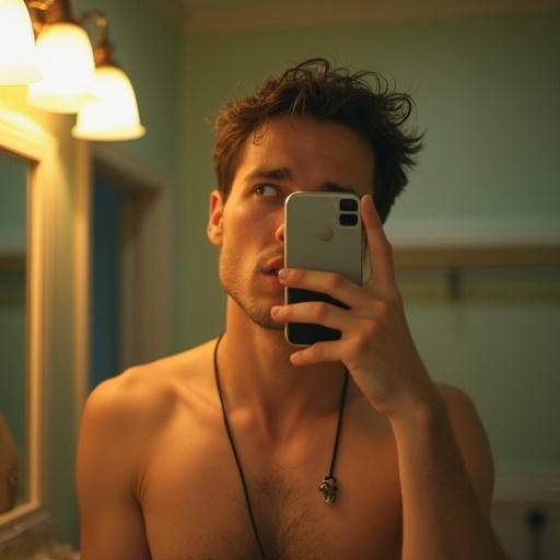 Low resolution image showcases a bathroom mirror selfie. Style reflects early 2010s photography with square crop. Harsh lighting creates overexposed highlights and warm color cast. The subject is shirtless, looking at the camera while holding a phone.