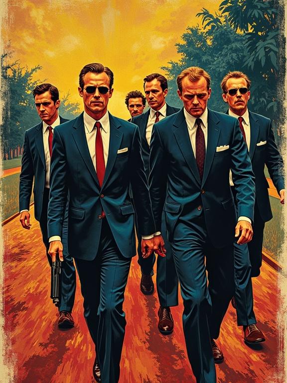 Reservoir Dogs poster featuring a group of men in blue suits. Scene inspired by Van Gogh's artistic style. Dynamic composition with warm sunset colors. Characters appear strong and united. Background includes trees and a road.