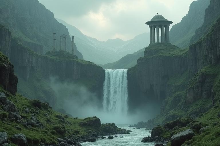 Cinematic landscape featuring a waterfall surrounded by ancient ruins. Lush greenery enhances the scene creating a sense of wonder and majesty.