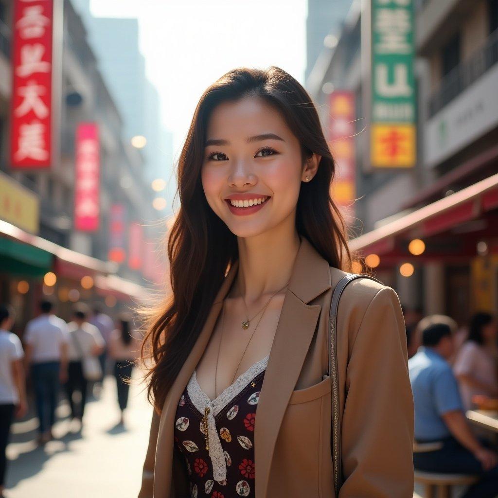 A fashionable woman walks through a busy urban market. She wears a stylish outfit. Street stalls and busy shoppers are in the background. The scene captures the essence of city life with sunny weather.