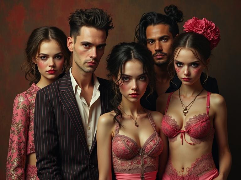 Surreal portrait of a vampire family in eccentric lingerie. Unique clothing patterns. Group posed together with strong expressions. Background features brown and red tones. Artistic style blends Kandinsky and Studio Ghibli influences.