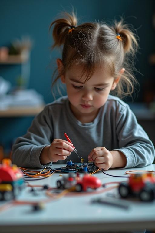 High quality realistic image of a child inventing with Arduino. Background features Mr Robot academy.