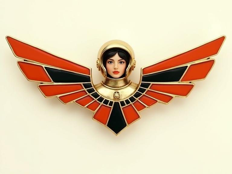 Photo of vintage military space pilot insignia with geometric wings. Features young female pilot in bubble helmet. Gold, onyx, coral materials. Sharp focus on details.