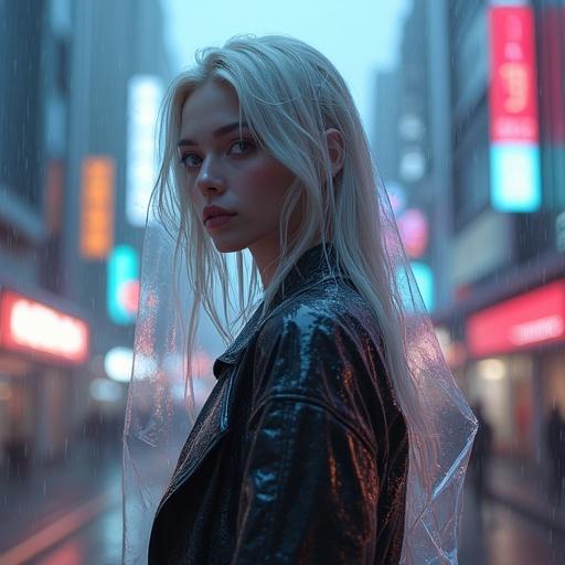 A young woman with silver blonde hair and alabaster skin stands in a rain-soaked cyberpunk city. She is partially covered in transparent plastic wrap. The city is lit by vibrant neon lights. The scene is influenced by Japanese aesthetics. The lighting is cinematic and photorealistic.