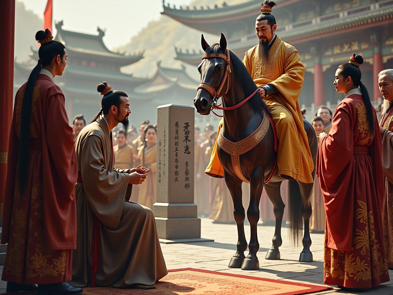 Generate a hyper-realistic photo capturing a pivotal moment in ancient Chinese history. On the left, Zhang Qian kneels, holding a ceremonial hupan, dressed in a humble yet dignified robe in earthy tones, bidding farewell to Emperor Wu of Han, who sits atop a majestic horse. Zhang Qian has a neatly groomed scholar’s beard, featuring a pointed goatee and a thin, slightly curved mustache. Beside him, attendants in muted red and deep brown Han dynasty robes stand respectfully, reflecting their modest status. The emperor, exuding authority with sharp features and almond-shaped eyes, is adorned in a luxurious golden robe with intricate dragon embroidery, a tall ceremonial crown atop his head. Surrounding him are attendants in vibrant red and gold robes, some with trimmed mustaches or well-kept beards, while one attendant holds a square imperial canopy with tassels. In the center, a stone stele with partially visible inscriptions adds historical context, with a grand palace in the background and soft yet dramatic lighting highlighting the scene's intricate details.