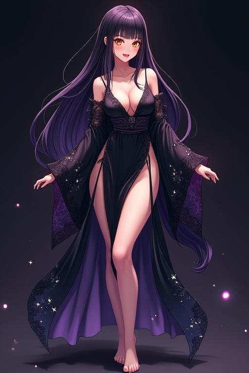 Anime-style illustration of an elegant and seductive woman. Features long flowing black hair with violet undertones and amber eyes. Wears a high-slit black kimono with lace and sheer sleeves. The kimono has silver moonlight patterns. She poses barefoot with a teasing smile. Background is dark with subtle glowing light.