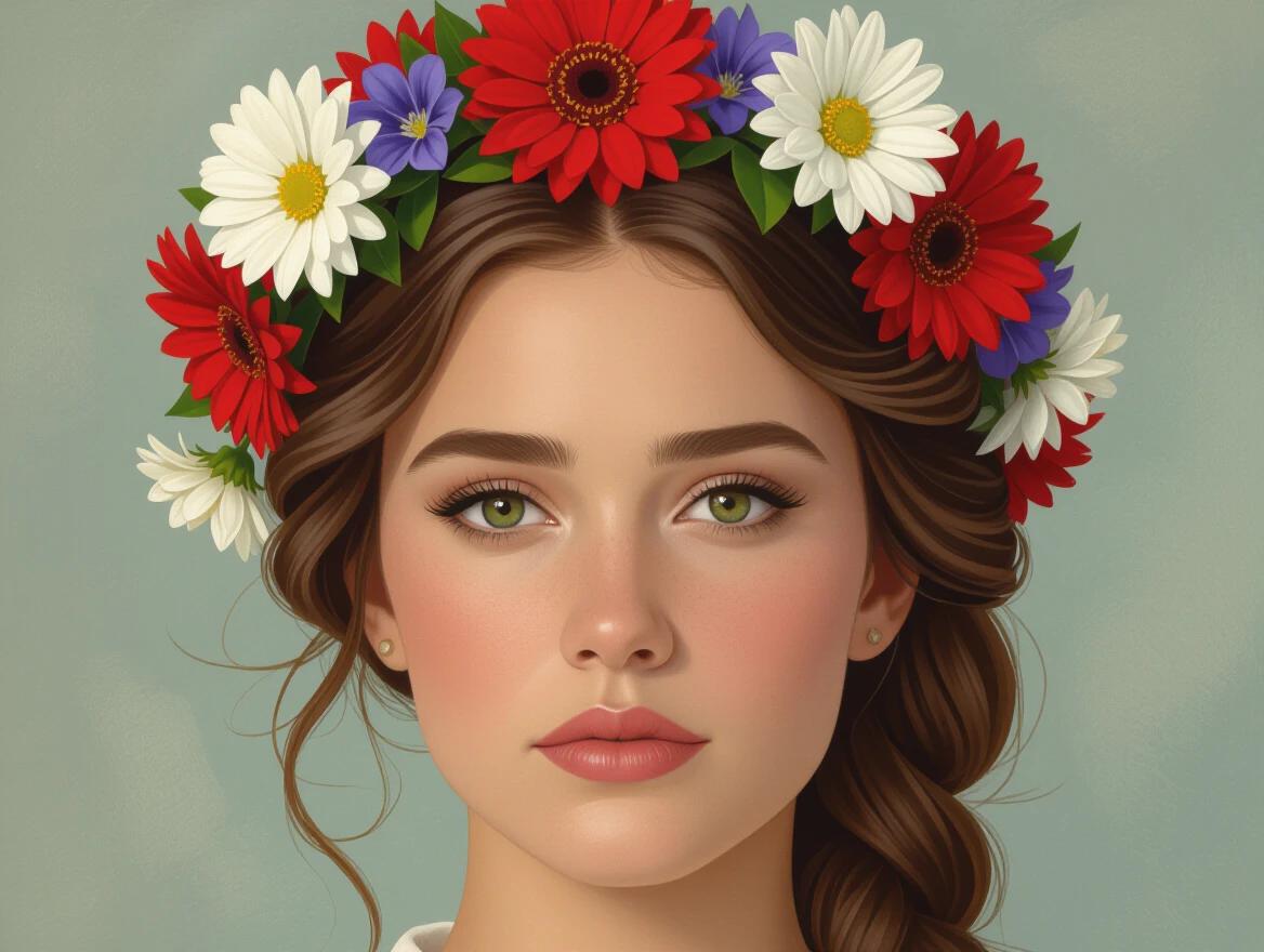 Portrait of a woman. She wears a crown of flowers. The woman gazes pensively at the viewer.