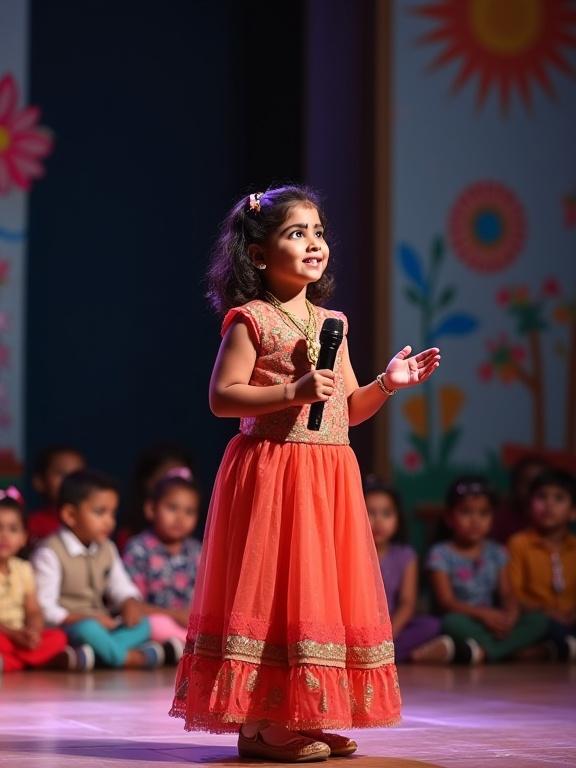 Photo-realistic portrait of a young Indian girl child between 7 to 9 years. She wears a stylish traditional outfit. She stands confidently on a well-lit stage. She holds a microphone and recites a poem with gestures. An audience of children sits in front of her. The background shows soft stage lighting and decorations. The scene captures elegance and confidence. High resolution with balanced colors.