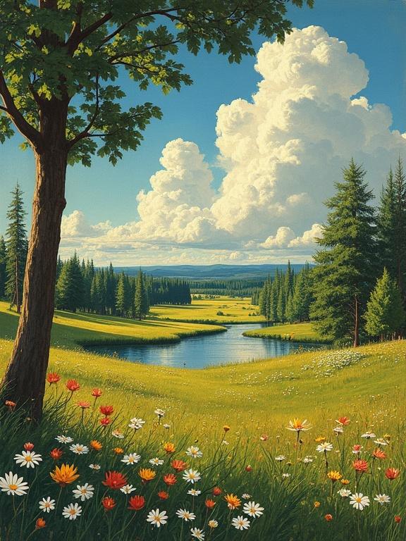 Summer scene in a Finnish landscape. Features a river, trees, flowers, and clouds. Art Nouveau style reminiscent of Alphonse Mucha.