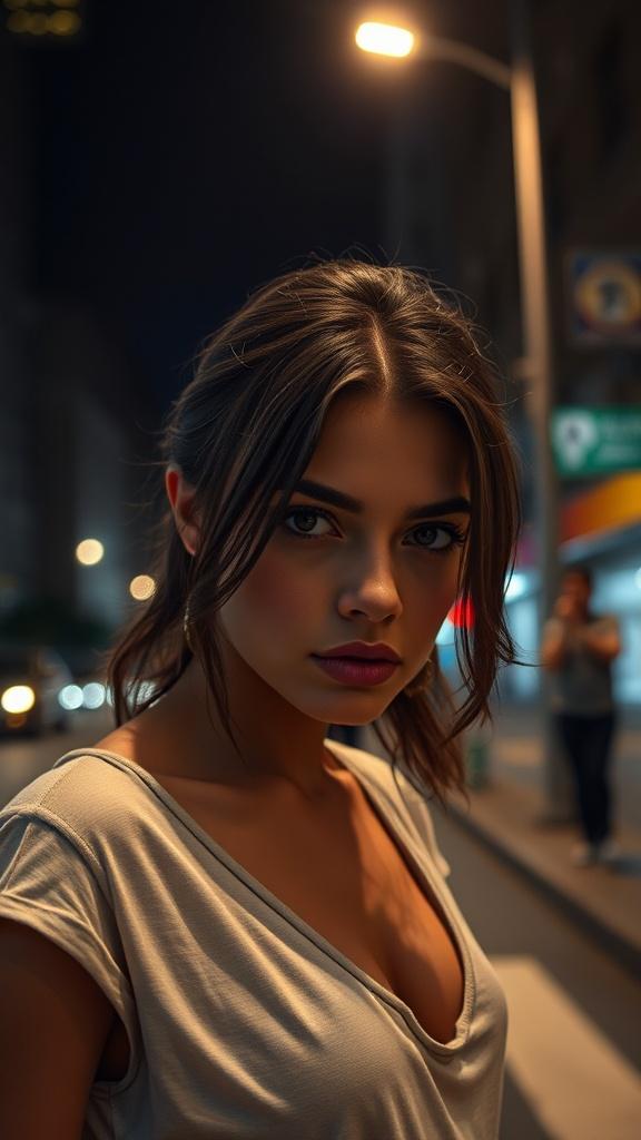 The image captures a young woman in a city night scene, illuminated by the warm glow of streetlights. Her expression is intense and contemplative, and she's framed by the blurred backdrop of an urban environment, suggesting a story amidst the hustle of city life.