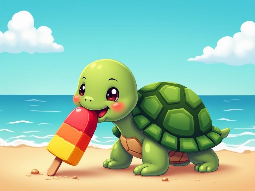 a cute cartoon turtle happily eating a colorful popsicle at the beach