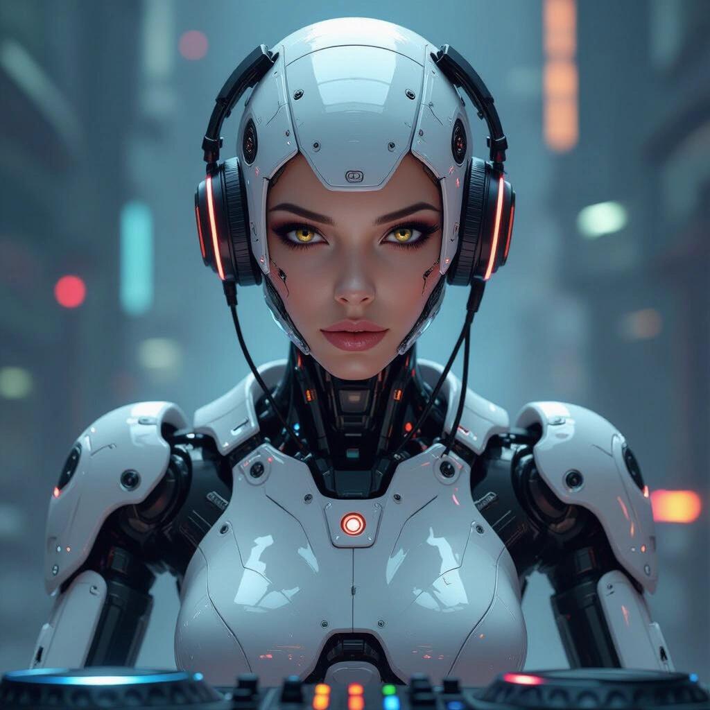 A captivating cyborg female robot DJ stands in a dark futuristic landscape. The atmosphere is enhanced by ambient neon lights. The robot features smooth lines and a sleek design. Headphones adorn the robot’s head. The background reflects a urban setting with hints of technology.
