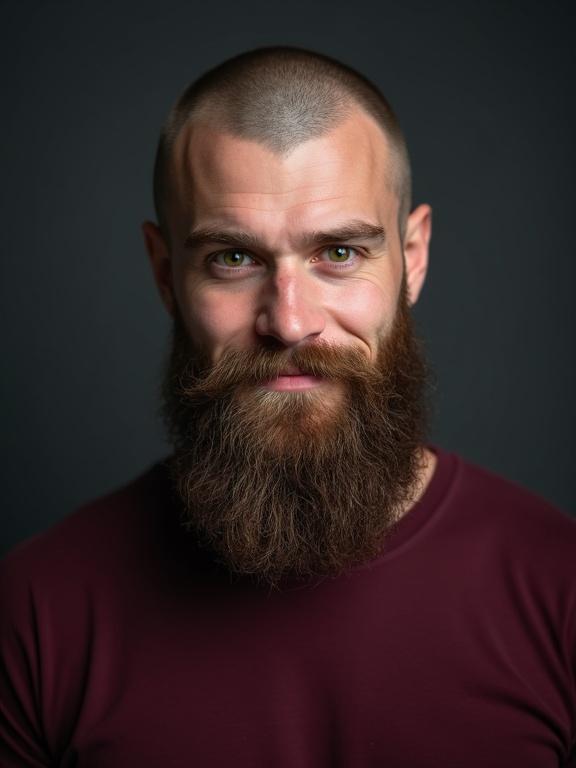 A studio portrait of a viking man with green eyes and a long beard. He has a closely shaved head. He wears a burgundy t-shirt and slightly smiles at the camera. Background is dark grey and soft. The lighting enhances his beard and gaze.