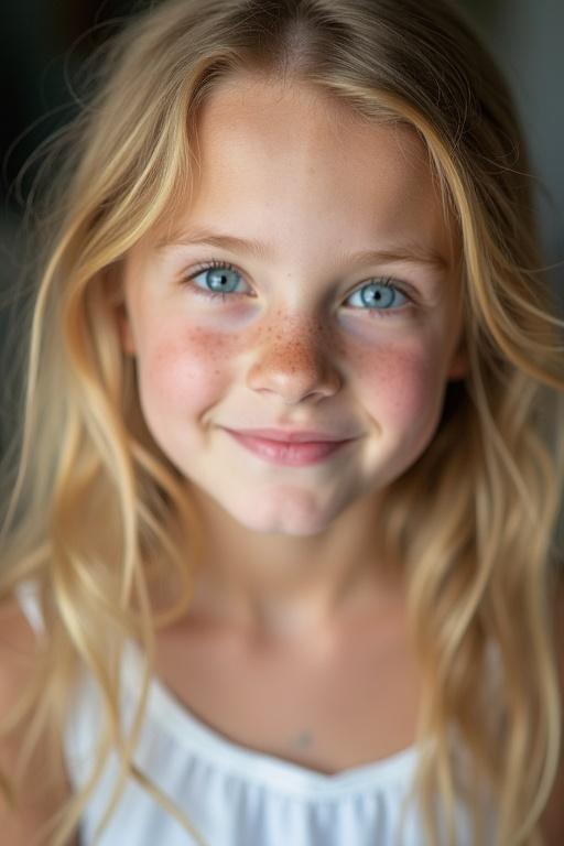 Close-up portrait of a young girl with blonde hair and blue eyes. Smooth skin with freckles. Soft natural lighting enhances features. Gentle smile conveys warmth. Background is blurred to emphasize her.