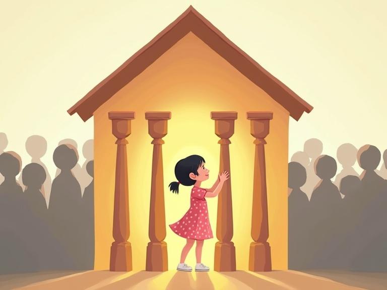 Flat-style children's book illustration. Small wooden house with a soft dome-shaped roof. Five wooden columns standing freely inside with no walls. Young girl 5-7 years old with short black ponytail hair. She wears a pink polka-dotted short-sleeve dress and white shoes. The girl puts the fifth wooden column back with love and wipes her tears. The house glows warmly. The girl looks calm and assured. Surrounded by faceless gray human silhouettes. Soft warm lighting. Peaceful mood.