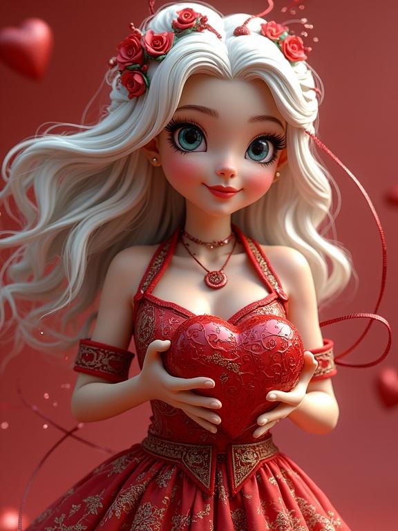 A woman with long white hair wears a red dress. She holds a heart shape. Roses are in her hair and background. The art has a romantic style and intricate details.