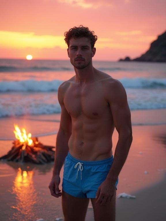 Male model stands on beach in blue swim trunks at sunset. Gentle waves crash onto shore. Vibrant pink and orange sky. Campfire burns in background. Warm and tranquil atmosphere. Golden light enhances beauty of scene.