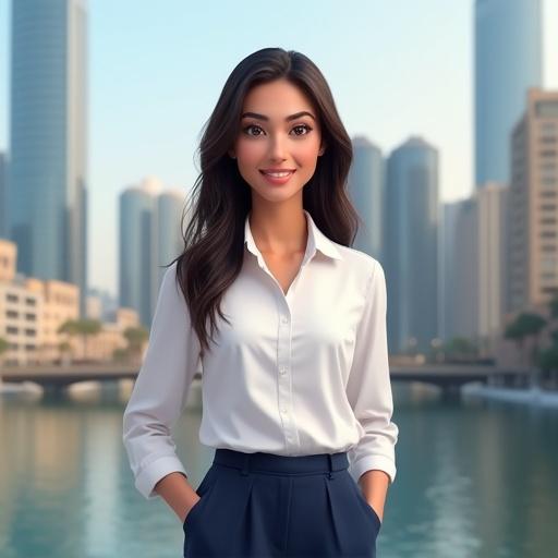 Design modern Egyptian woman avatar standing middle image making direct eye contact with gentle informative expression. Wearing smart-casual clothes like white shirt navy trousers in front of smart city backdrop. Looking like digital presenter or guide for city tour. Balanced lighting realistic face minimal background distractions. Ready to speak on camera.