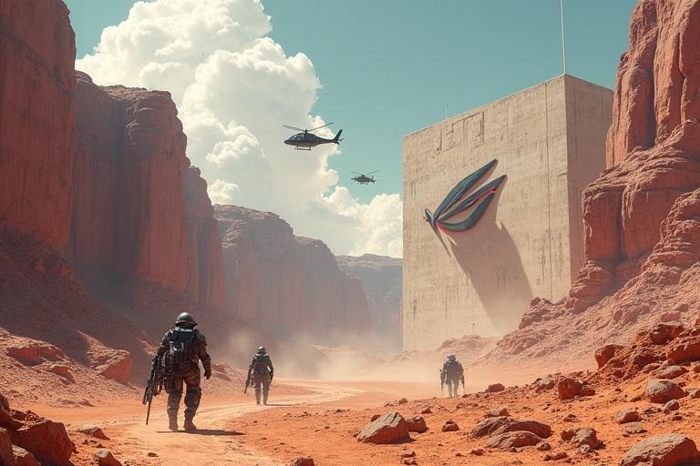 Detailed conceptual illustration of a hidden base in a desert canyon. Natural rock formations provide protection. The site resembles Area 51. Access is only possible by stealth helicopter. An enormous ASUS ROG logo is engraved into a semi-buried concrete structure. Soldiers in exoskeleton armor patrol the perimeter. Surveillance satellites scan the sky. Semi-realistic artistic style inspired by Syd Mead and Blade Runner 2049. Color palette includes ochre, dark gray, and bright red for contrast.