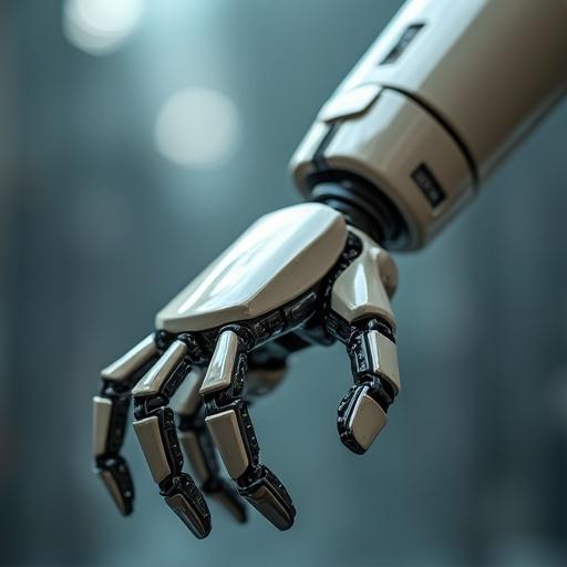 Close-up view of a robotic arm and hand features a metallic design with intricate joints and fingers