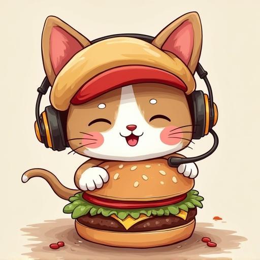A cute kitty in a fast food hat. The kitty is attempting to flip a burger shaped like a mouse toy. It is batting at a drive-thru headset. The style is hand-drawn and playful.