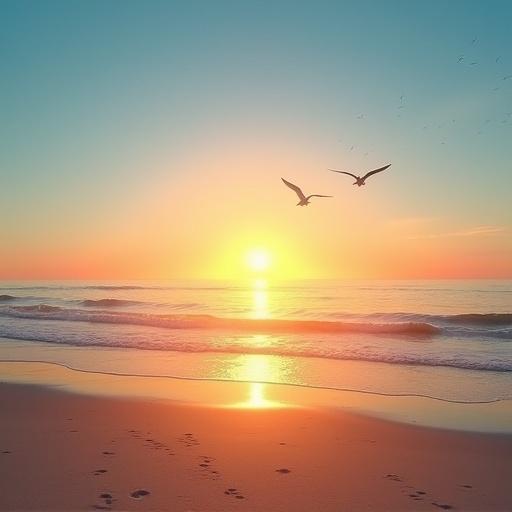 Photo of a sunrise on a sandy beach. Clear blue sky. Birds flying in the sky. Calm ocean waves. Soft light reflecting on water.
